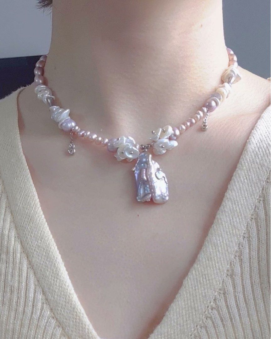 #PN151 [Clearance Sale] [Floral Series]Freshwater Big Petal Pearl Necklace |30mm Pendant |Cool Silver