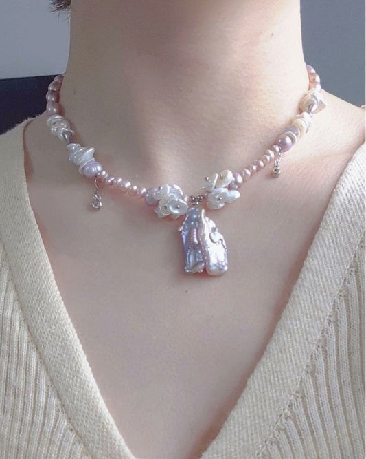 #PN151 [Clearance Sale] [Floral Series]Freshwater Big Petal Pearl Necklace |30mm Pendant |Cool Silver