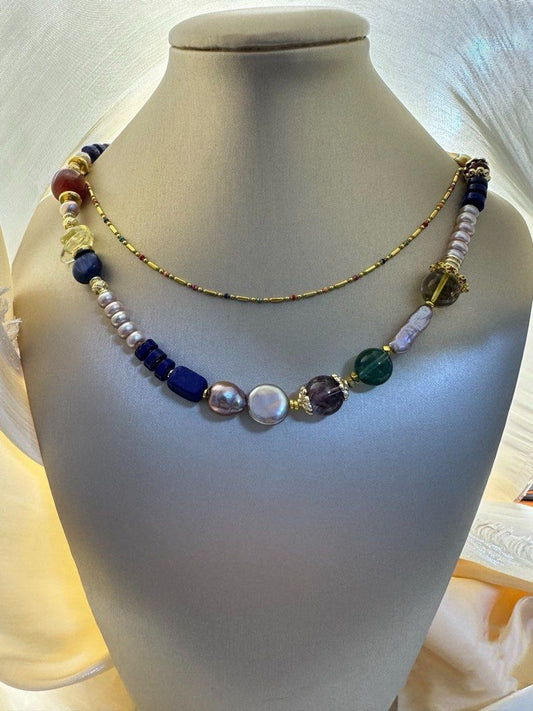 #PN228 Red & Blue|Freshwater Pearl Necklace & Bracelet & Earrings Set |Lapis Lazuli |Purple Baroque |Coin, Lute Shaped Pearl |Yellow Quartz |Green Strawberry Quartz |Purple Phantom Quartz |Red Agate