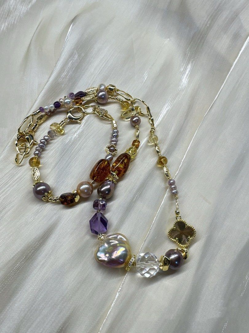 #PN243 Lost World|Freshwater Pearl Necklace & Bracelet Set |Amber|Clover|Big Lustrous Baroque Pearl |Purple Quartz |Baby Pearl
