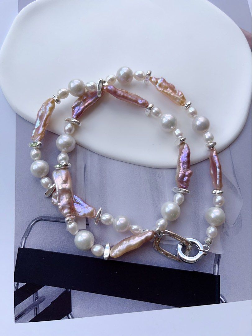 #PN100 High Fashion|Freshwater Pearl Necklace |White Baroque Pearl |Lustrous Purple Baroque Pearl |Stick Shaped|Silver Cool|47cm