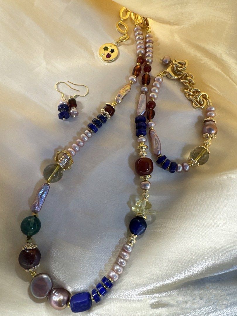 #PN228 Red & Blue|Freshwater Pearl Necklace & Bracelet & Earrings Set |Lapis Lazuli |Purple Baroque |Coin, Lute Shaped Pearl |Yellow Quartz |Green Strawberry Quartz |Purple Phantom Quartz |Red Agate
