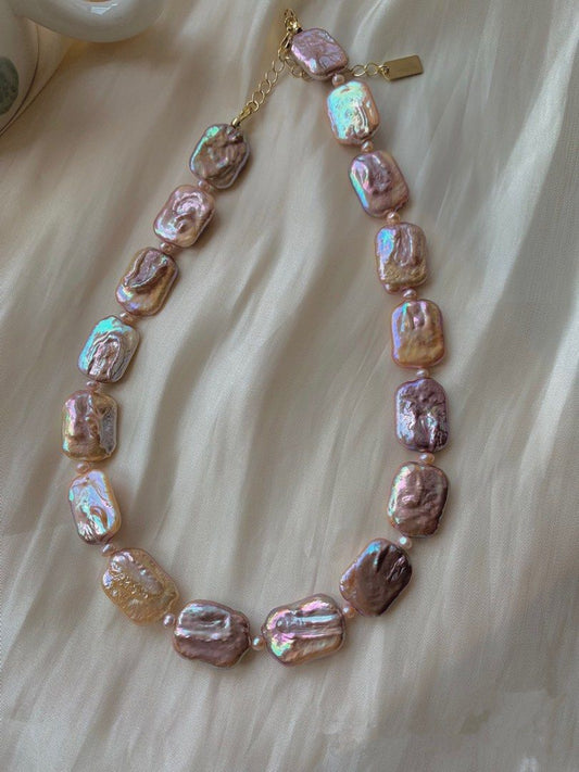 #PN198 Golden Flash|Genuine Freshwater Pearl Necklace & Bracelet Set |Baroque Pearl |Square Shaped |Golden-Purple|Excellent Lustre