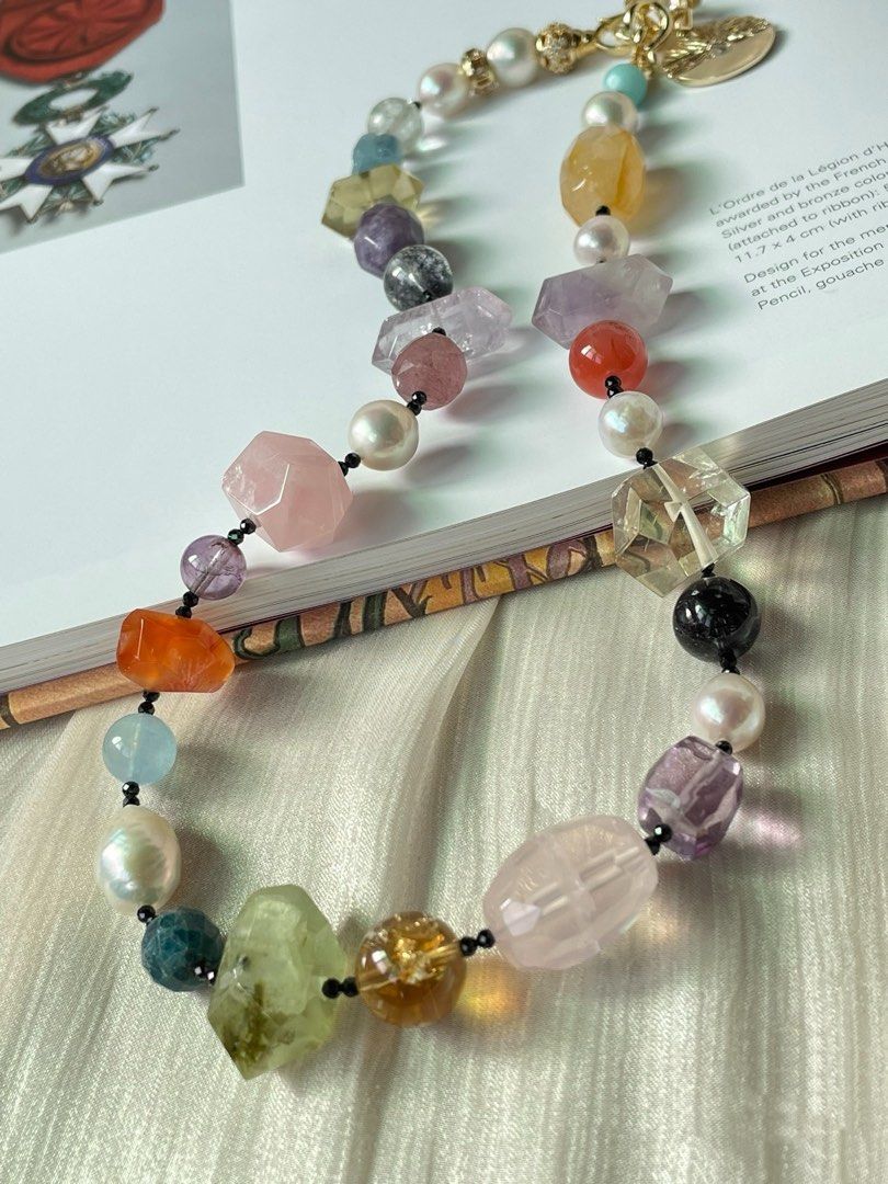 #PN20 Dopamine Gems|Freshwater Pearl Necklace |Amethyst, Citrine Freeform |Aquamarine|Moss Agate|Rose Quartz Freeform |Amazonite