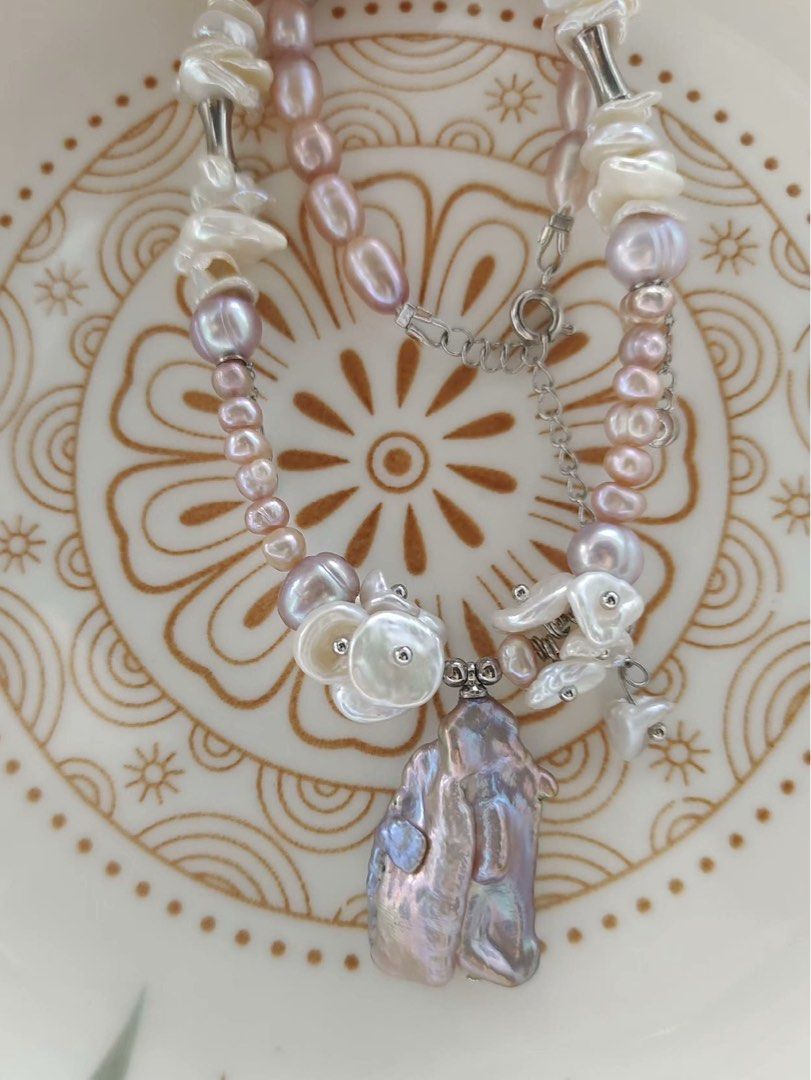 #PN151 [Clearance Sale] [Floral Series]Freshwater Big Petal Pearl Necklace |30mm Pendant |Cool Silver