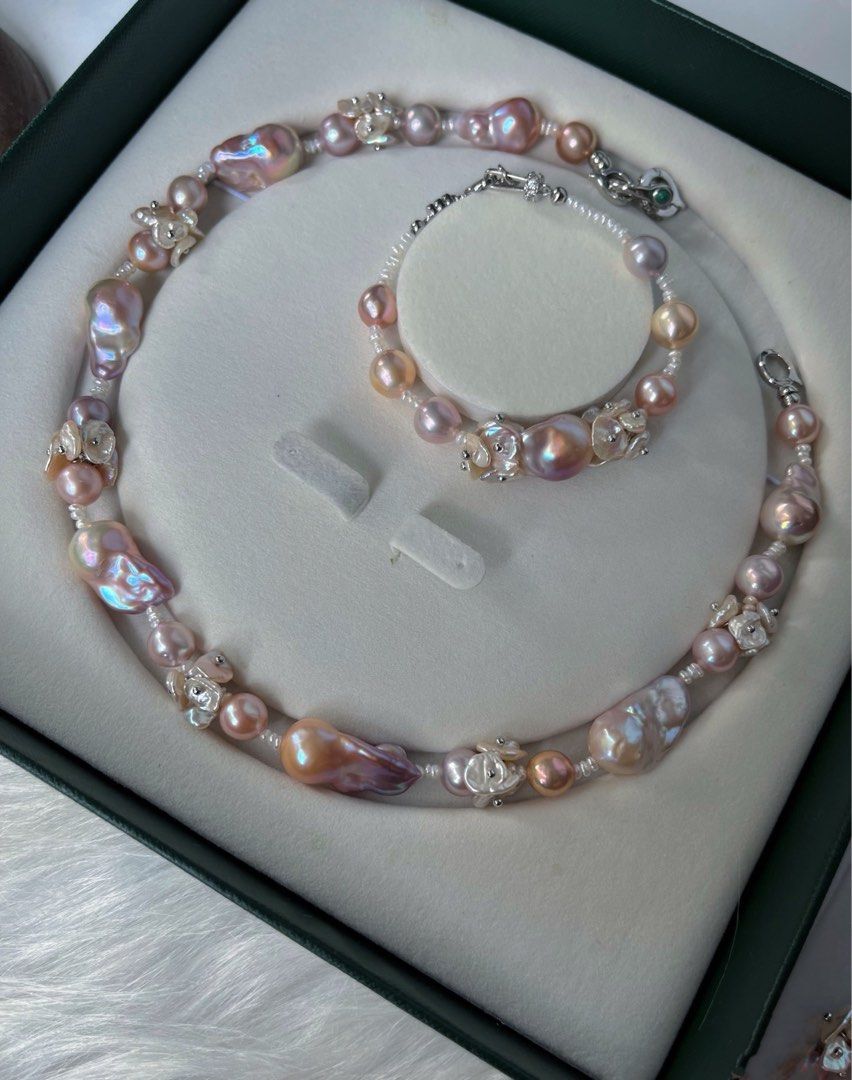 #PN258 [Floral Series] Monet’s Garden |Freshwater Pearl Necklace & Bracelet Set | Fairy Pink Fishtail Big Baroque Pearl |Rare Lustre| Top Quality