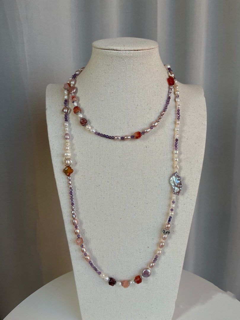 #PN45 Getting Purple | Freshwater Pearl Necklace |Super Long|Multi Wear|Natural Stones|Quartz|Agate|Baroque Pearl