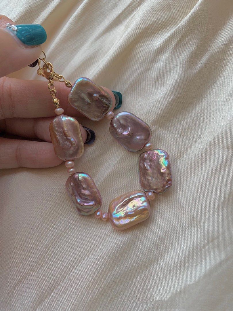 #PN198 Golden Flash|Genuine Freshwater Pearl Necklace & Bracelet Set |Baroque Pearl |Square Shaped |Golden-Purple|Excellent Lustre