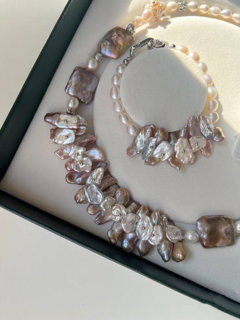 #PN134 [Floral Series] Handmade Original Design | Blossom Grace|Freshwater Pearl Bracelet & Necklace Set|Petal on Pearl