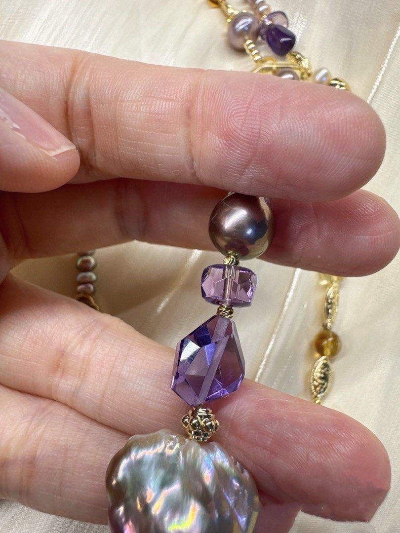 #PN243 Lost World|Freshwater Pearl Necklace & Bracelet Set |Amber|Clover|Big Lustrous Baroque Pearl |Purple Quartz |Baby Pearl