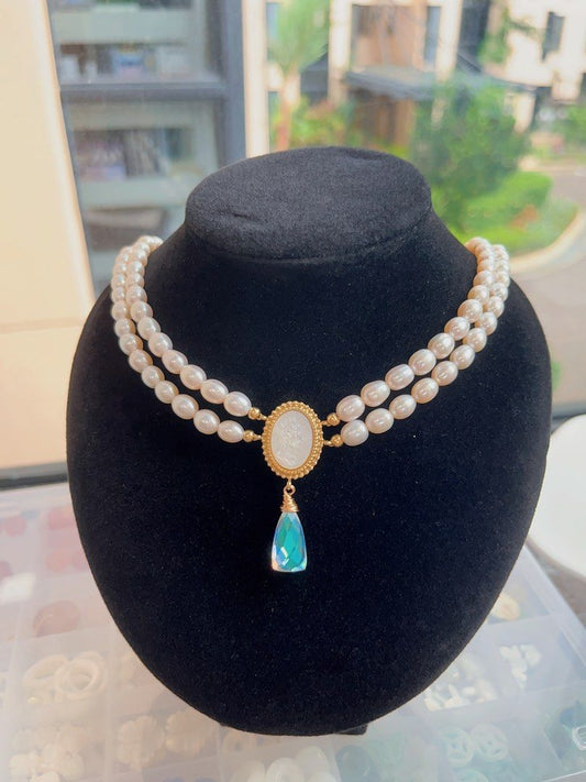 #PN123 [Clearance Sale] Double-layered Freshwater Pearl Necklace |Sea Shell Queen Portrait Charm|India Quartz Pendant