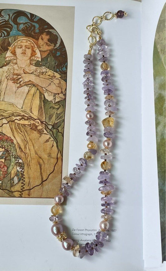 #PN21 Mystic Allure|Freshwater Pearl Necklace | Amethyst Chip| Citrine Chip|Purple Lustrous Baroque Pearl