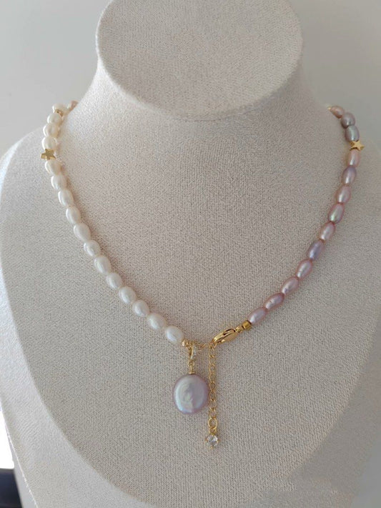 #PN290 Princess Realm | Freshwater Pearl Necklace | Removable Pendant | Lustrous Coin Pearl | Wheat Ear Design| Mixed Colours