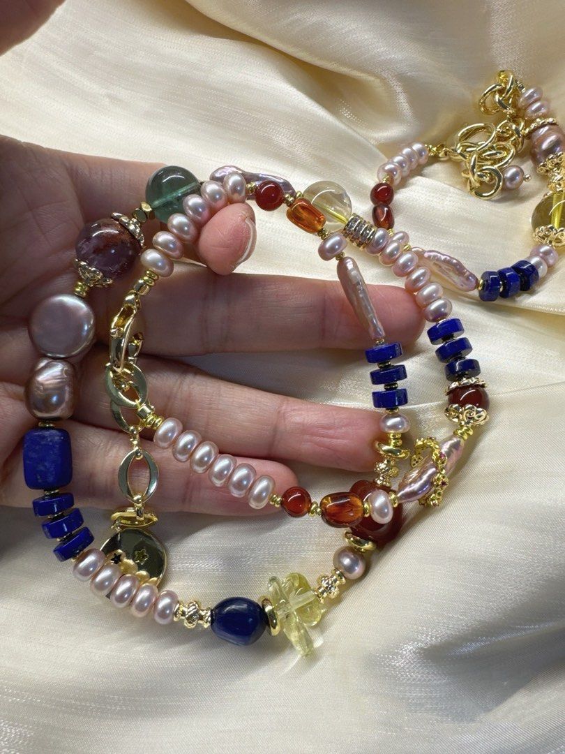 #PN228 Red & Blue|Freshwater Pearl Necklace & Bracelet & Earrings Set |Lapis Lazuli |Purple Baroque |Coin, Lute Shaped Pearl |Yellow Quartz |Green Strawberry Quartz |Purple Phantom Quartz |Red Agate