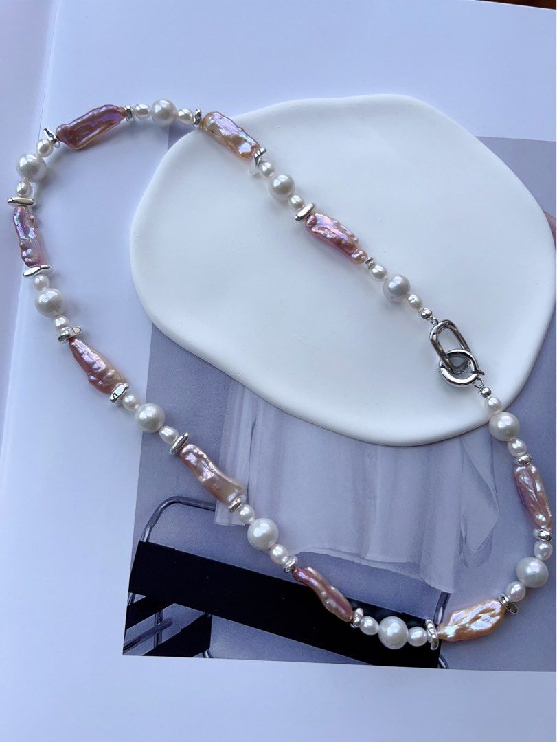 #PN100 High Fashion|Freshwater Pearl Necklace |White Baroque Pearl |Lustrous Purple Baroque Pearl |Stick Shaped|Silver Cool|47cm