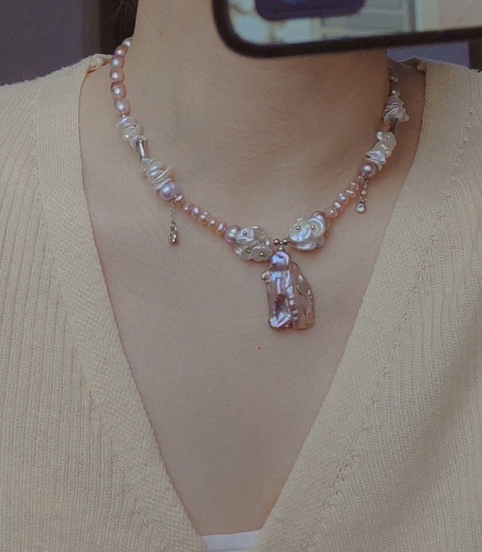 #PN151 [Clearance Sale] [Floral Series]Freshwater Big Petal Pearl Necklace |30mm Pendant |Cool Silver