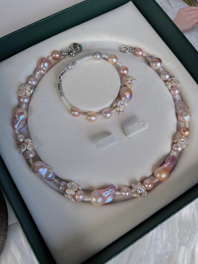 #PN258 [Floral Series] Monet’s Garden |Freshwater Pearl Necklace & Bracelet Set | Fairy Pink Fishtail Big Baroque Pearl |Rare Lustre| Top Quality