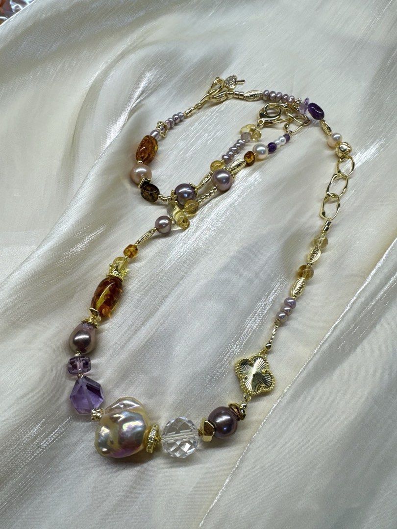 #PN243 Lost World|Freshwater Pearl Necklace & Bracelet Set |Amber|Clover|Big Lustrous Baroque Pearl |Purple Quartz |Baby Pearl