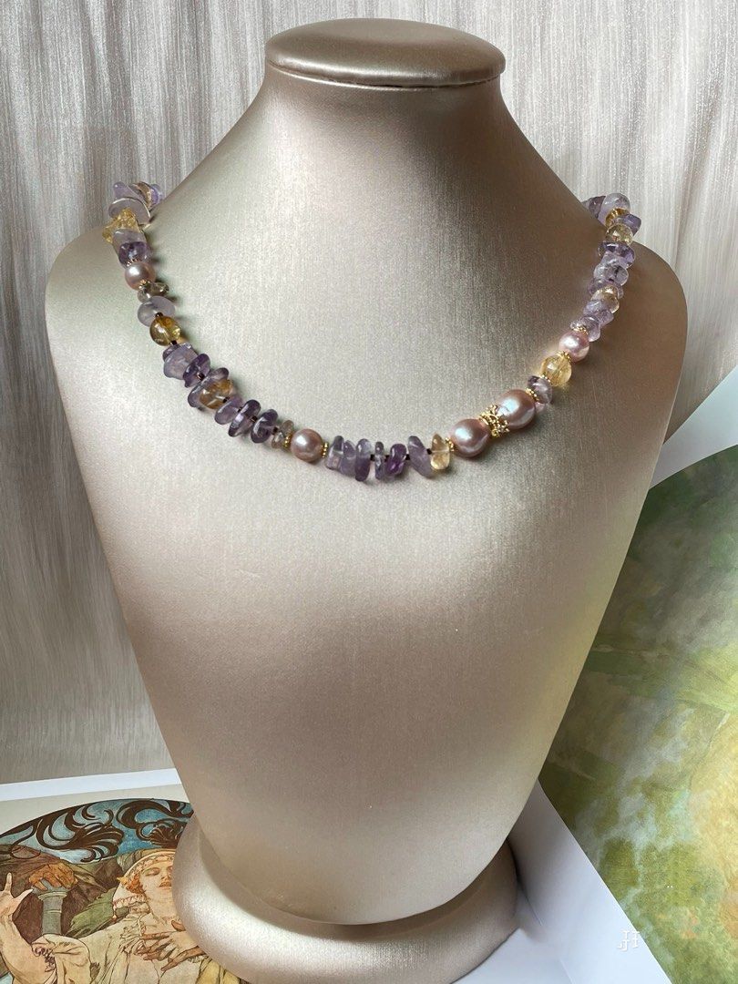 #PN21 Mystic Allure|Freshwater Pearl Necklace | Amethyst Chip| Citrine Chip|Purple Lustrous Baroque Pearl