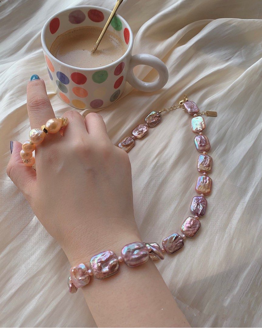 #PN198 Golden Flash|Genuine Freshwater Pearl Necklace & Bracelet Set |Baroque Pearl |Square Shaped |Golden-Purple|Excellent Lustre