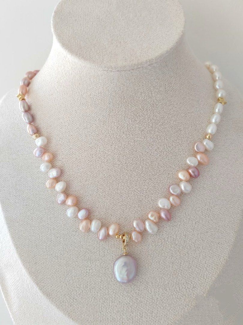 #PN290 Princess Realm | Freshwater Pearl Necklace | Removable Pendant | Lustrous Coin Pearl | Wheat Ear Design| Mixed Colours