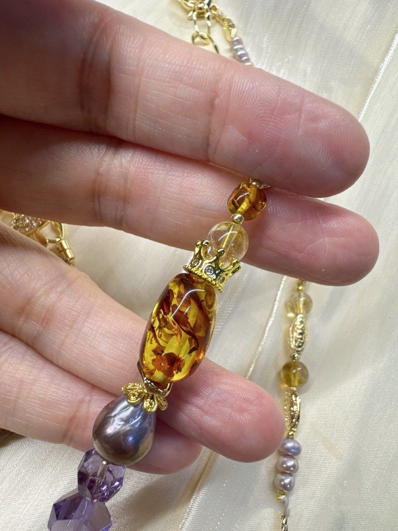 #PN243 Lost World|Freshwater Pearl Necklace & Bracelet Set |Amber|Clover|Big Lustrous Baroque Pearl |Purple Quartz |Baby Pearl