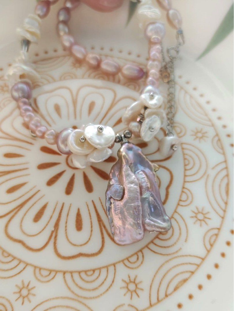 #PN151 [Clearance Sale] [Floral Series]Freshwater Big Petal Pearl Necklace |30mm Pendant |Cool Silver