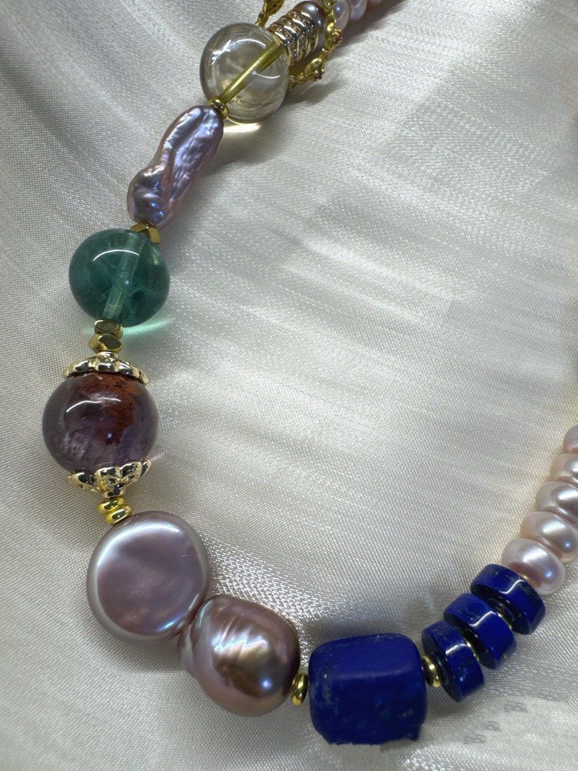 #PN228 Red & Blue|Freshwater Pearl Necklace & Bracelet & Earrings Set |Lapis Lazuli |Purple Baroque |Coin, Lute Shaped Pearl |Yellow Quartz |Green Strawberry Quartz |Purple Phantom Quartz |Red Agate