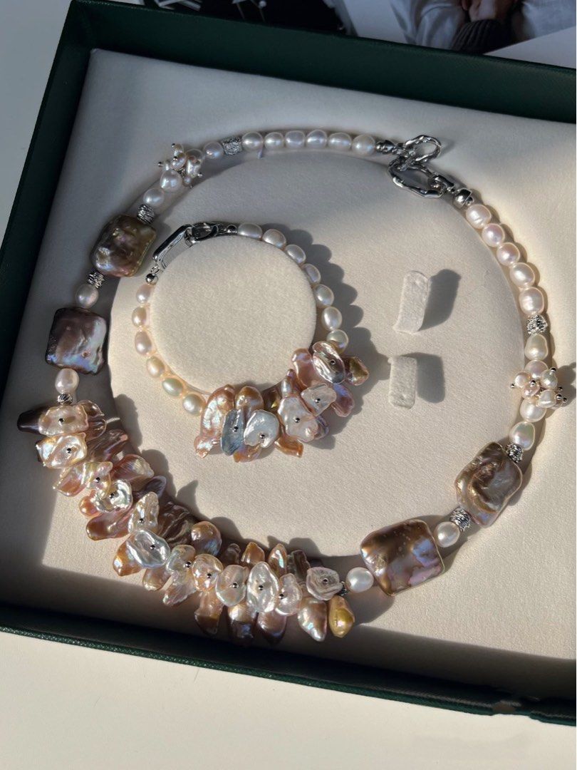 #PN134 [Floral Series] Handmade Original Design | Blossom Grace|Freshwater Pearl Bracelet & Necklace Set|Petal on Pearl