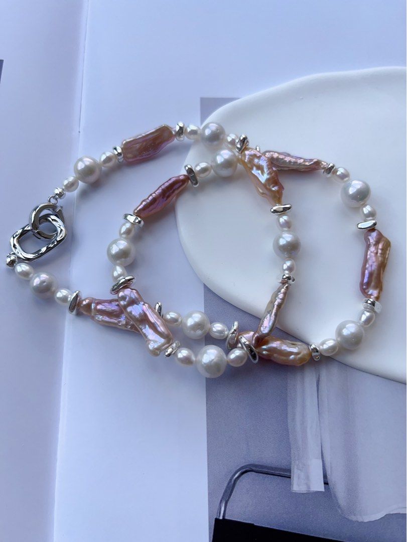 #PN100 High Fashion|Freshwater Pearl Necklace |White Baroque Pearl |Lustrous Purple Baroque Pearl |Stick Shaped|Silver Cool|47cm