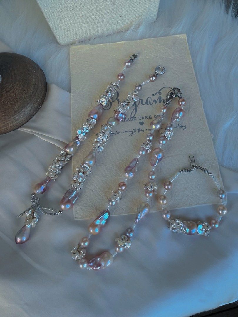 #PN258 [Floral Series] Monet’s Garden |Freshwater Pearl Necklace & Bracelet Set | Fairy Pink Fishtail Big Baroque Pearl |Rare Lustre| Top Quality