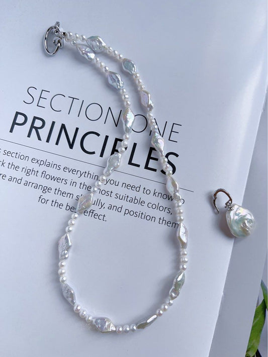#PN199 Silver Lightning |Freshwater Pearl Necklace & Bracelet Set|Removable Pendant |Removable Connection Ring|Diamond Shaped Pearl |Baby Pearl |Silver Lustre
