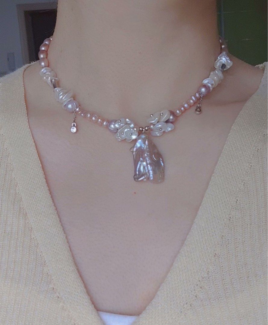 #PN151 [Clearance Sale] [Floral Series]Freshwater Big Petal Pearl Necklace |30mm Pendant |Cool Silver