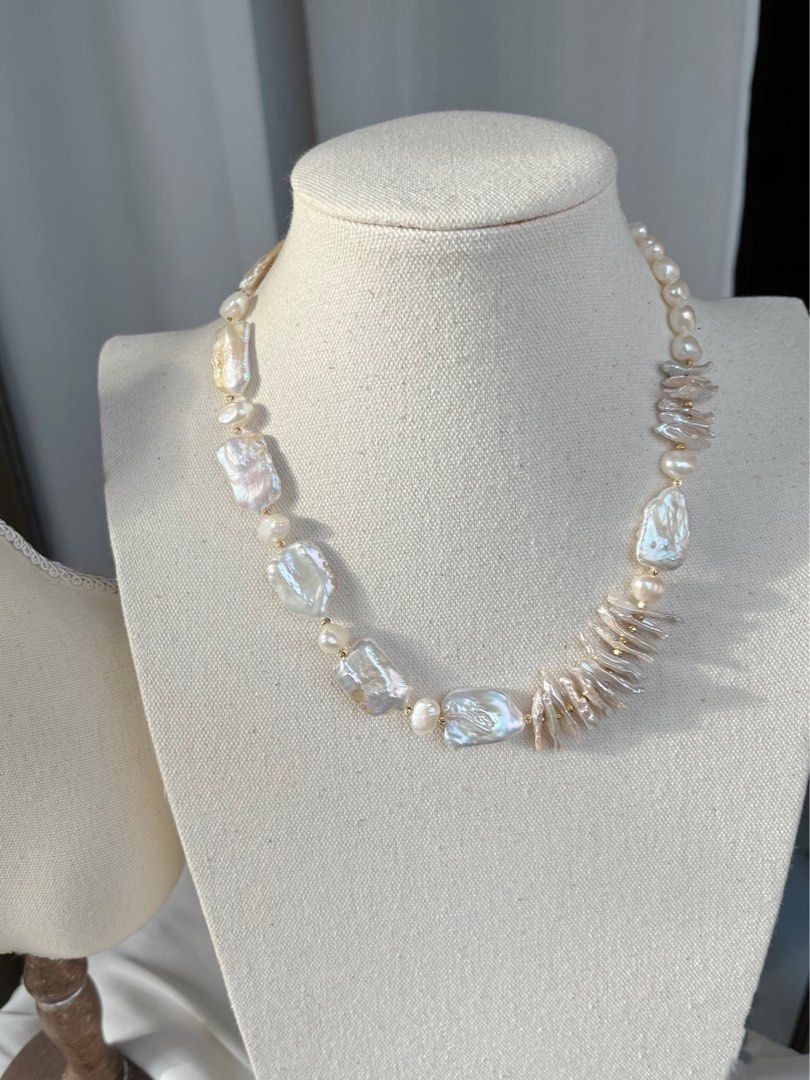 #PN84 White Square | Freshwater Pearl Necklace | Gilted|Overlapped|Lustrous Baroque Pearl