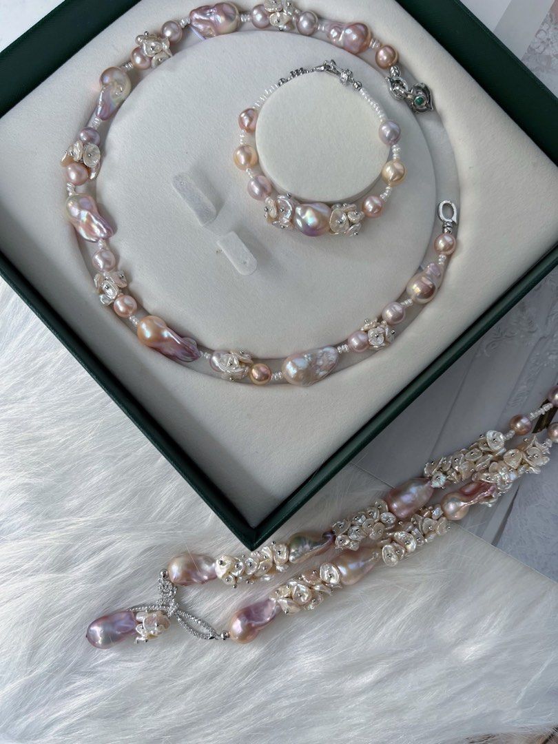 #PN258 [Floral Series] Monet’s Garden |Freshwater Pearl Necklace & Bracelet Set | Fairy Pink Fishtail Big Baroque Pearl |Rare Lustre| Top Quality