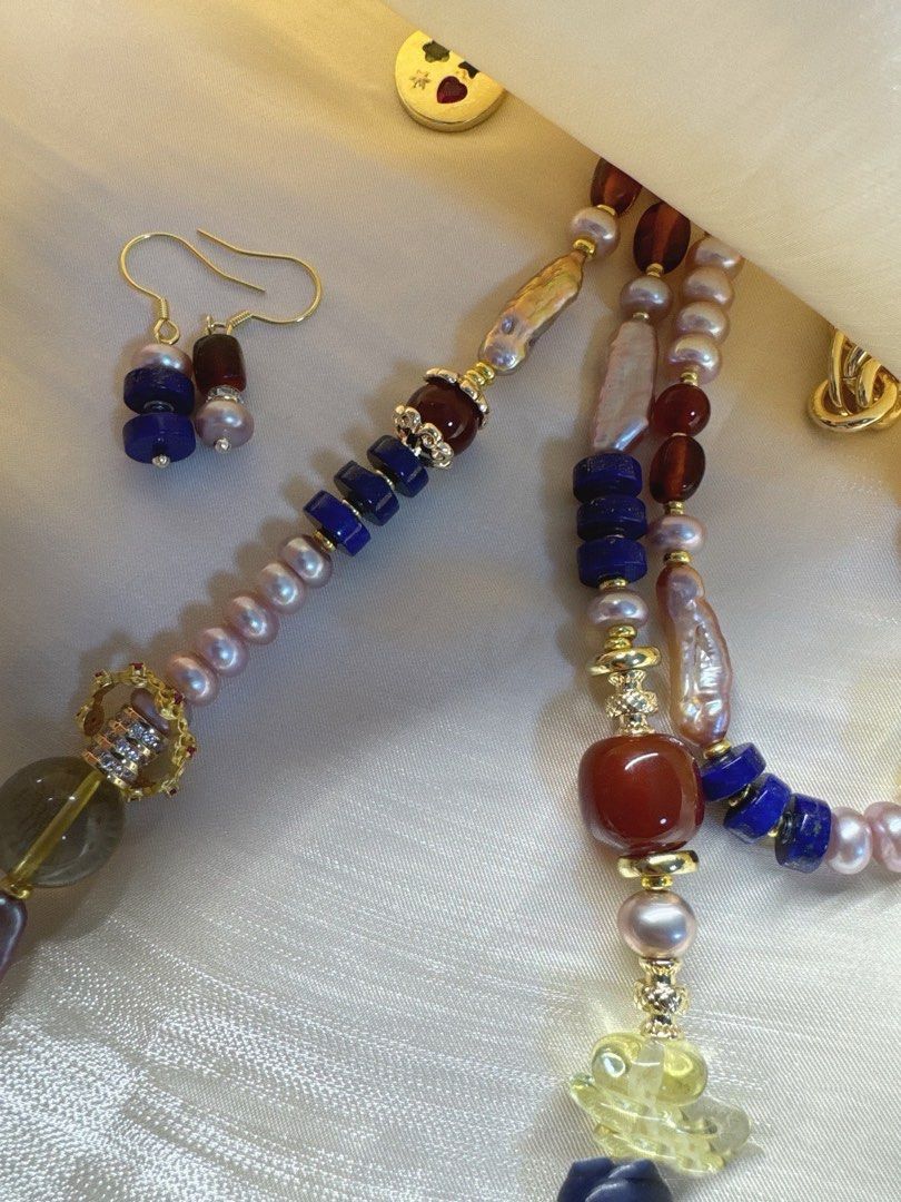 #PN228 Red & Blue|Freshwater Pearl Necklace & Bracelet & Earrings Set |Lapis Lazuli |Purple Baroque |Coin, Lute Shaped Pearl |Yellow Quartz |Green Strawberry Quartz |Purple Phantom Quartz |Red Agate