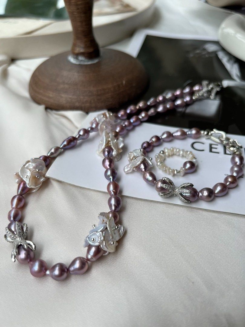 #PN136 [Floral Series] Freshwater Pearl Necklace + Bracelet + Ring Set|Purple Baroque Pearl |Cool Silver|Gorgeous|Metallic