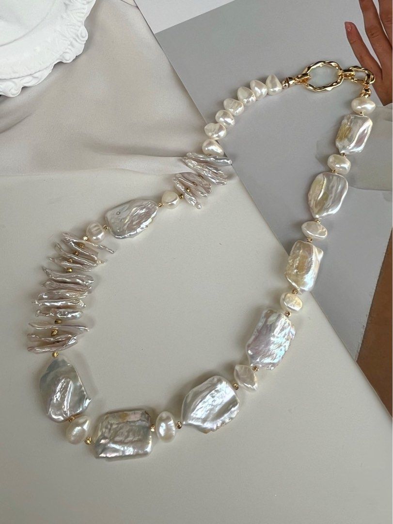#PN84 White Square | Freshwater Pearl Necklace | Gilted|Overlapped|Lustrous Baroque Pearl
