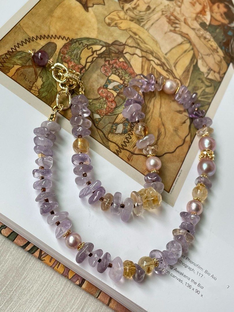 #PN21 Mystic Allure|Freshwater Pearl Necklace | Amethyst Chip| Citrine Chip|Purple Lustrous Baroque Pearl