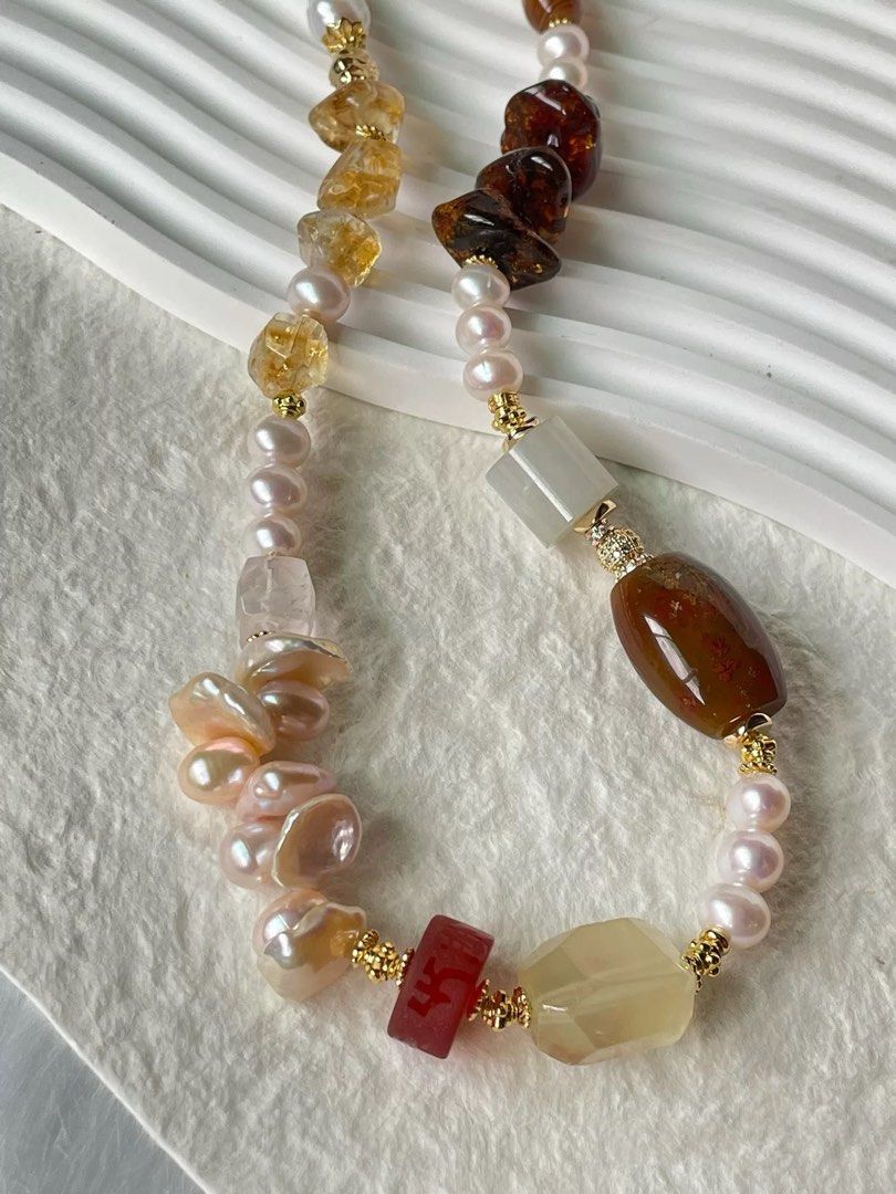#PN46 Starlit Stones|Freshwater Pearl Necklace |Big Red Agate Barrel |Big Lemon Quartz |Petal Baroque Pearl |Big Beeswax Chip|Jade Barrel |Citrine Freeform|Strong Presence