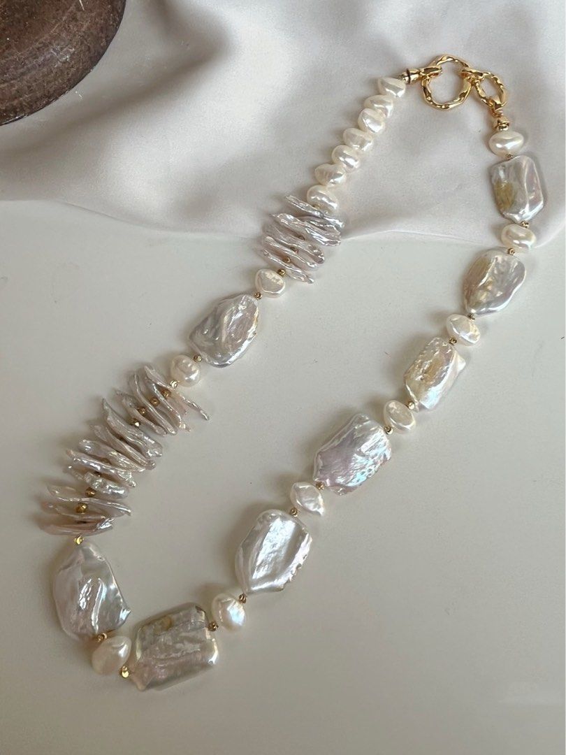 #PN84 White Square | Freshwater Pearl Necklace | Gilted|Overlapped|Lustrous Baroque Pearl