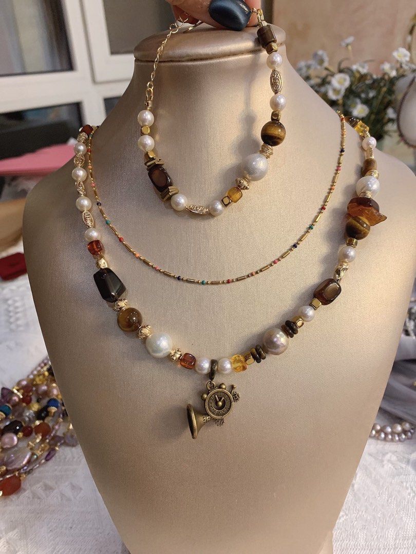 #PN214 [Sale]Afternoon Leisure |Freshwater Pearl Necklace & Bracelet Set |Brown Quartz |Tea Tiger Eye|Baroque Pearl |Trumpet Pendant Removable