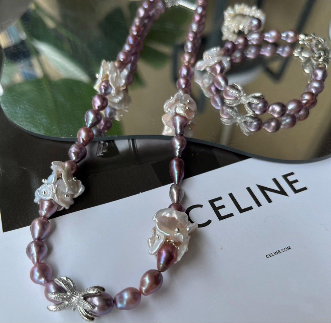 #PN136 [Floral Series] Freshwater Pearl Necklace + Bracelet + Ring Set|Purple Baroque Pearl |Cool Silver|Gorgeous|Metallic