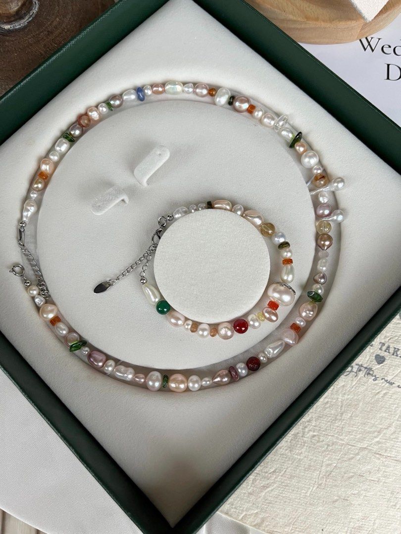 #PN244 Candy Crush |Freshwater Pearl Necklace & Bracelet Set |Colorful Summer |Baroque Pearl |Natural Stones