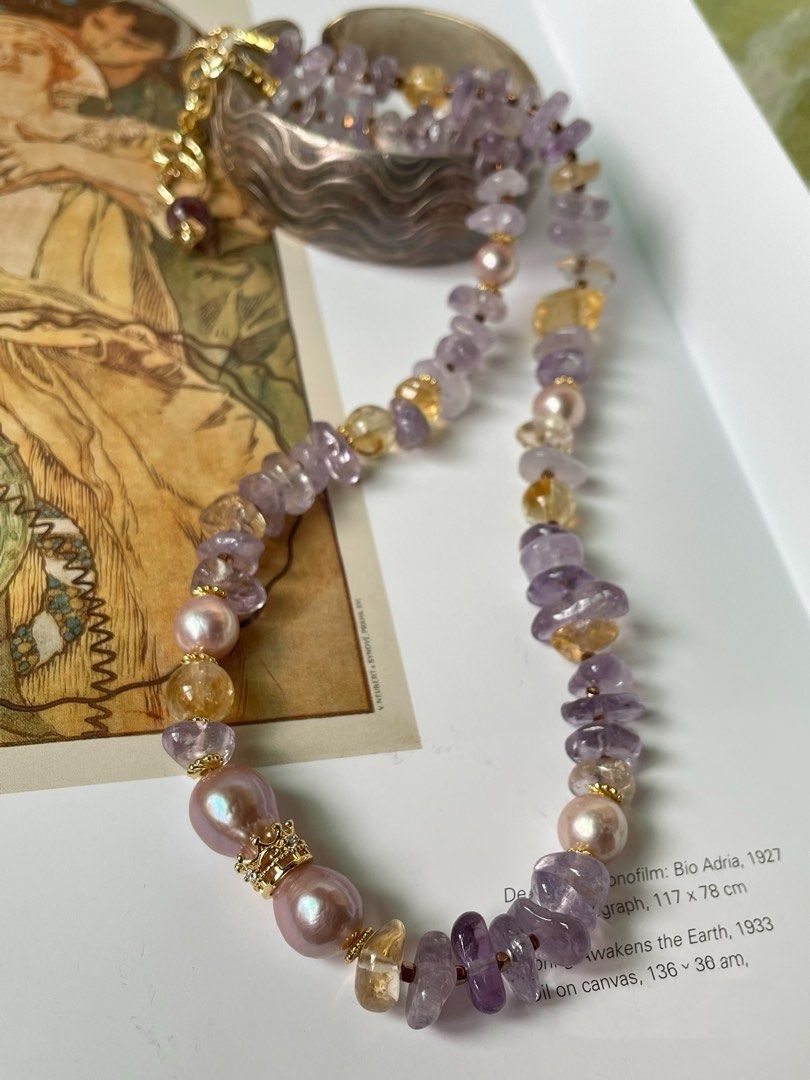#PN21 Mystic Allure|Freshwater Pearl Necklace | Amethyst Chip| Citrine Chip|Purple Lustrous Baroque Pearl