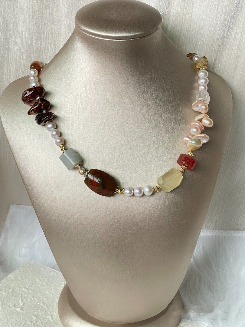 #PN46 Starlit Stones|Freshwater Pearl Necklace |Big Red Agate Barrel |Big Lemon Quartz |Petal Baroque Pearl |Big Beeswax Chip|Jade Barrel |Citrine Freeform|Strong Presence