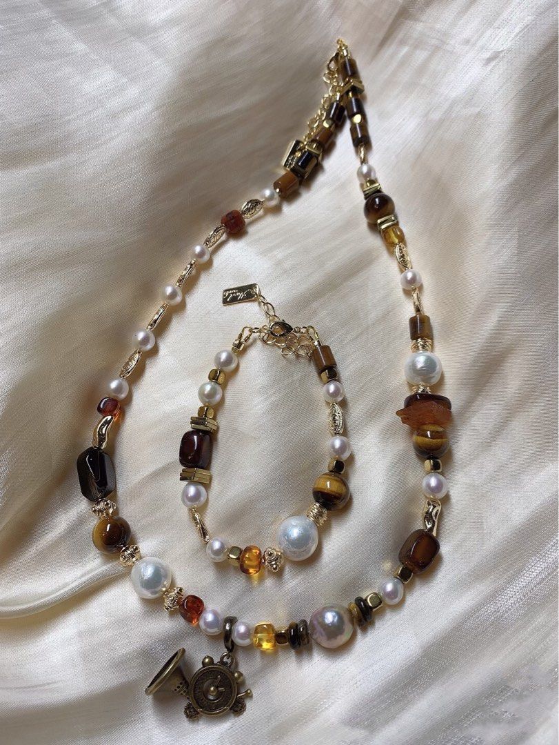 #PN214 [Sale]Afternoon Leisure |Freshwater Pearl Necklace & Bracelet Set |Brown Quartz |Tea Tiger Eye|Baroque Pearl |Trumpet Pendant Removable