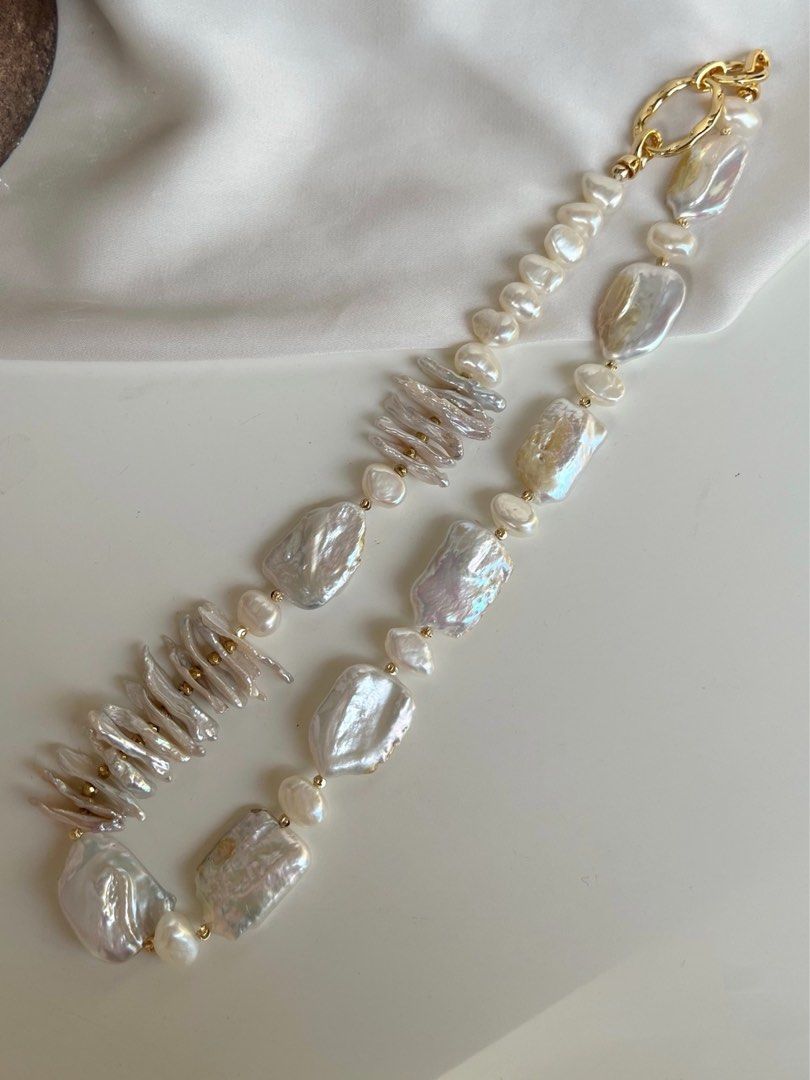 #PN84 White Square | Freshwater Pearl Necklace | Gilted|Overlapped|Lustrous Baroque Pearl
