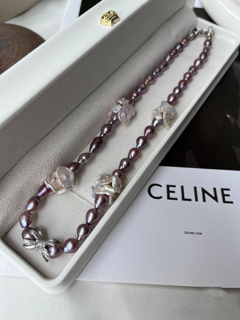 #PN136 [Floral Series] Freshwater Pearl Necklace + Bracelet + Ring Set|Purple Baroque Pearl |Cool Silver|Gorgeous|Metallic