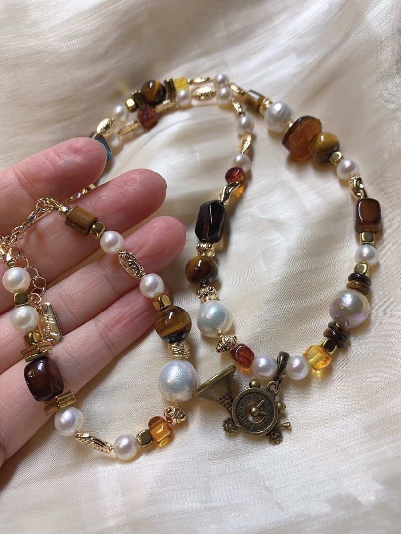 #PN214 [Sale]Afternoon Leisure |Freshwater Pearl Necklace & Bracelet Set |Brown Quartz |Tea Tiger Eye|Baroque Pearl |Trumpet Pendant Removable